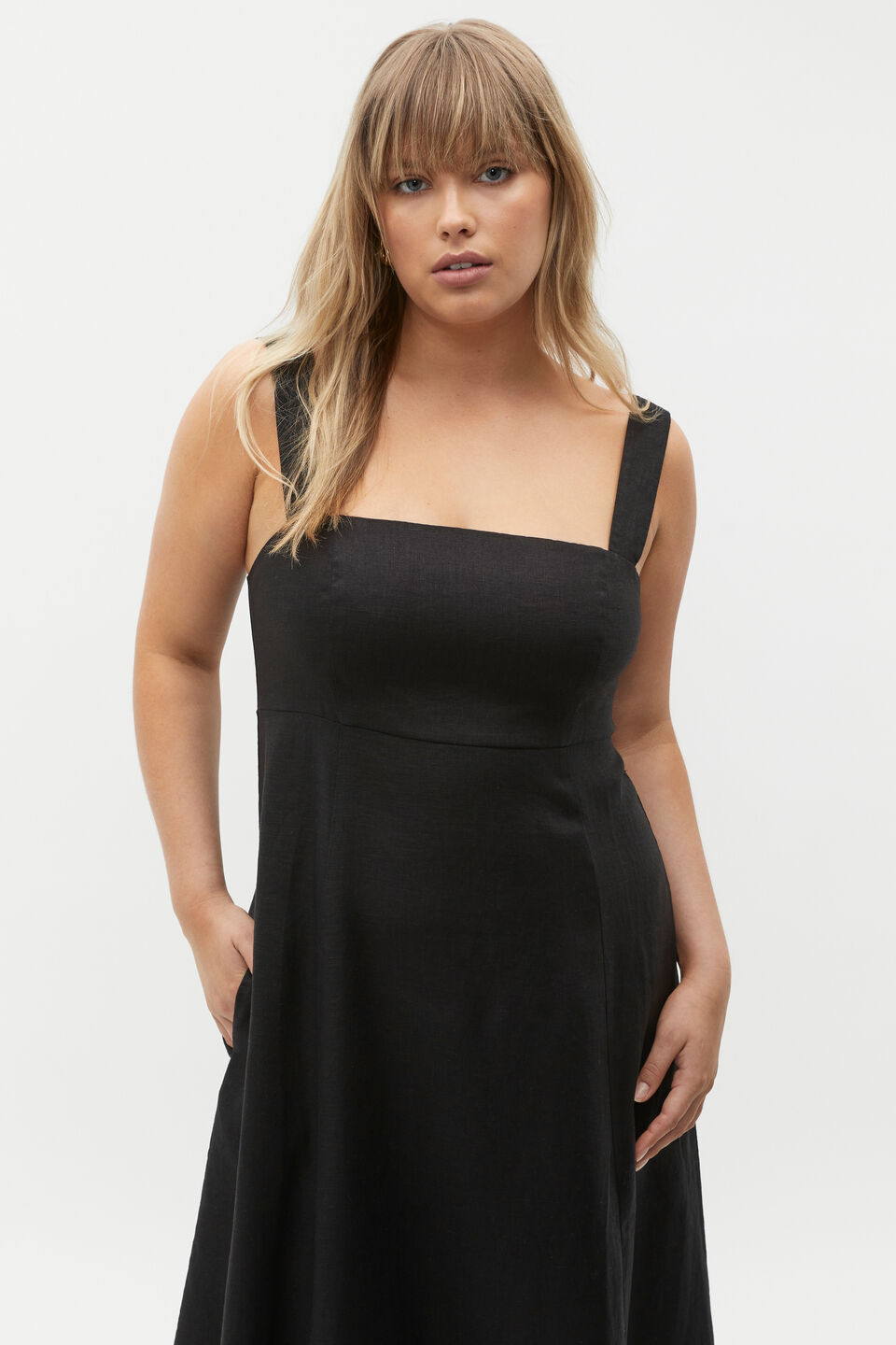 Linen Square Neck Sun Dress  Black