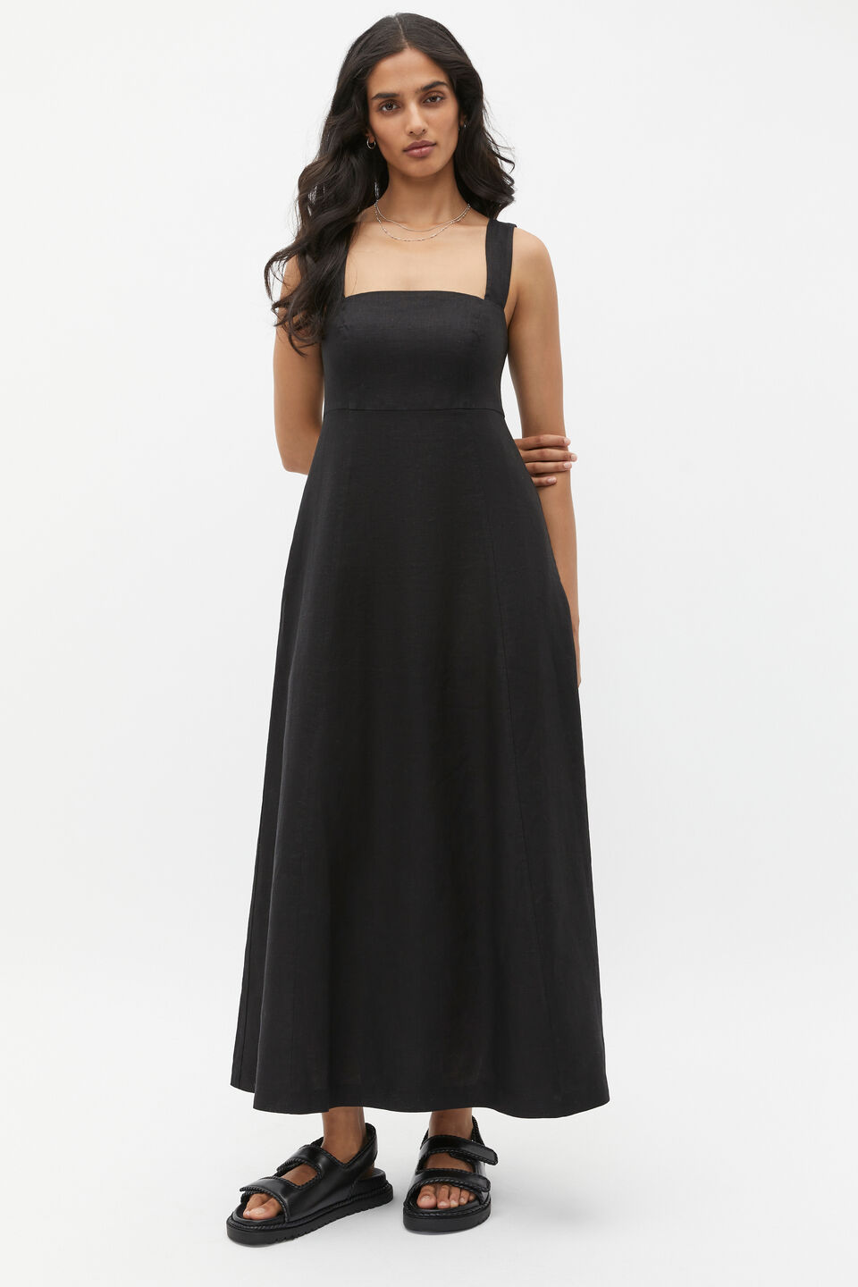 Linen Square Neck Sun Dress  Black