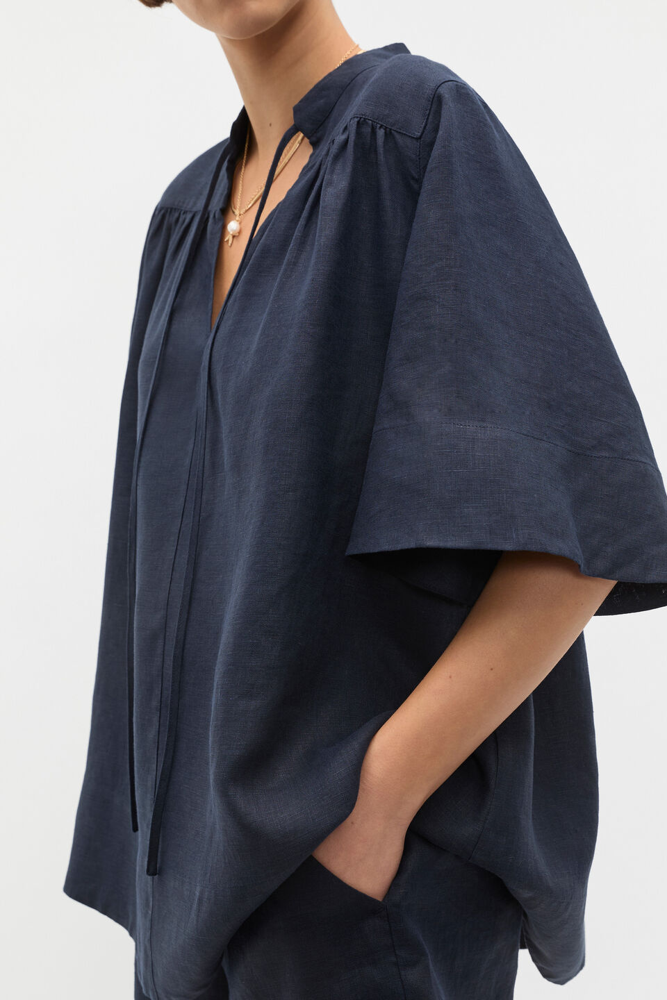 Linen Tie Detail Blouse  Twilight Blue