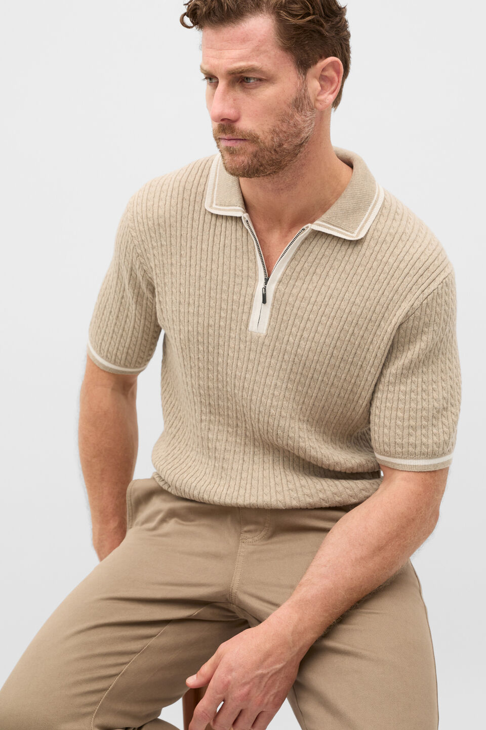 Zipped Cable Knit Polo  Dark Stone