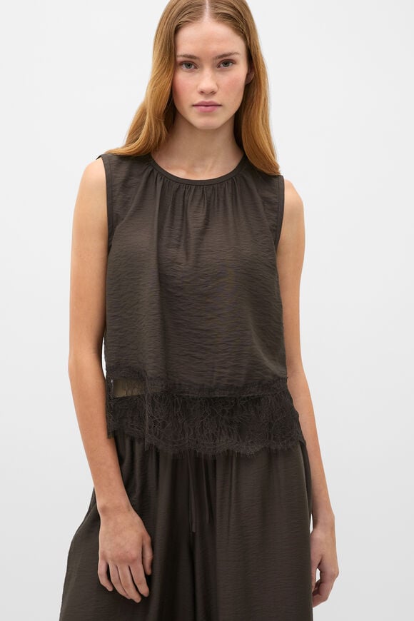 Crinkle Lace Trim Crop Tank  Dark Espresso  hi-res