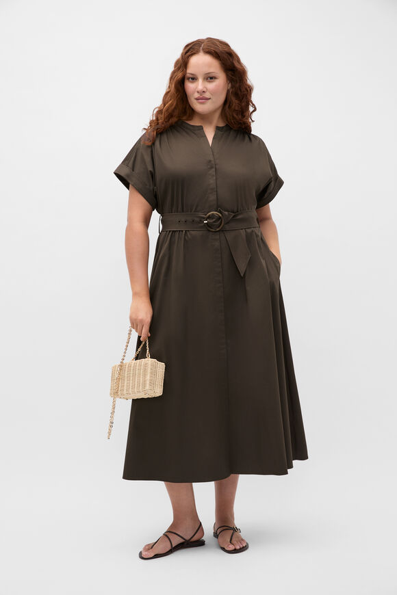 Cotton Blend Belted Shirt Dress  Dark Espresso  hi-res