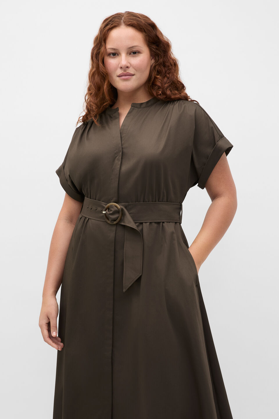 Cotton Blend Belted Shirt Dress  Dark Espresso
