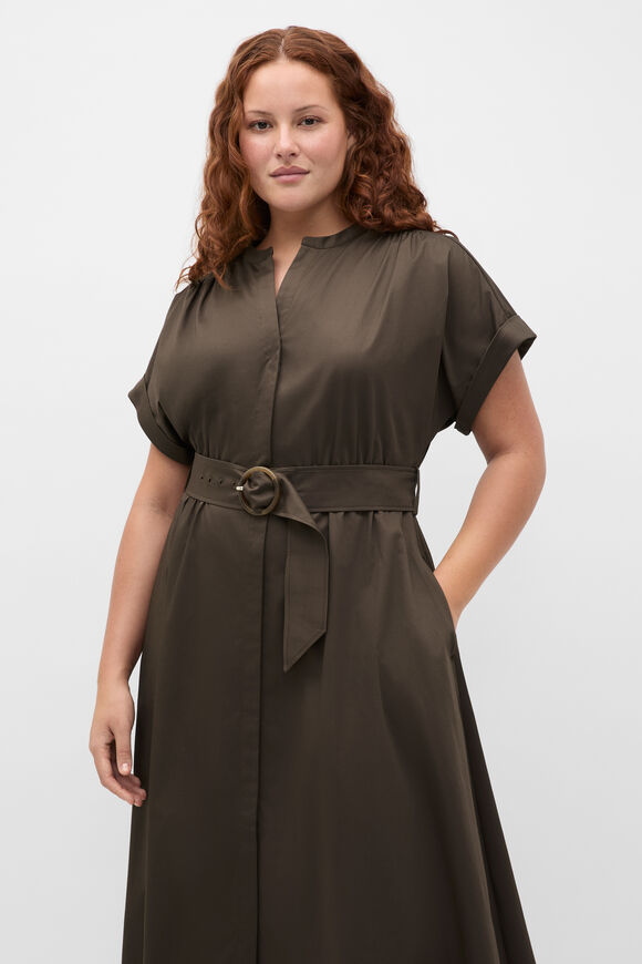 Cotton Blend Belted Shirt Dress  Dark Espresso  hi-res