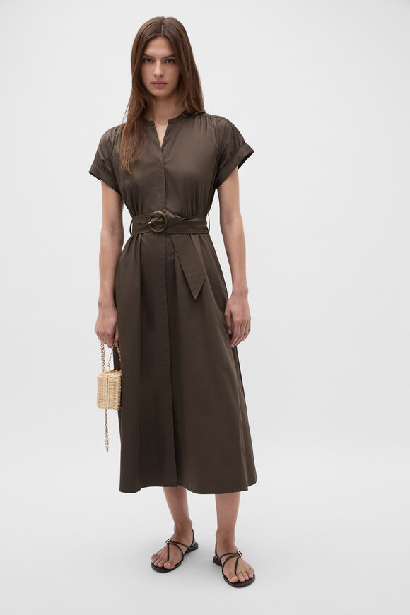 Cotton Blend Belted Shirt Dress  Dark Espresso  hi-res