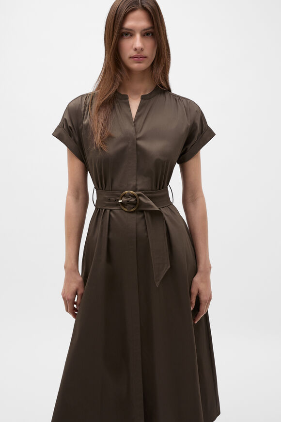 Cotton Blend Belted Shirt Dress  Dark Espresso  hi-res