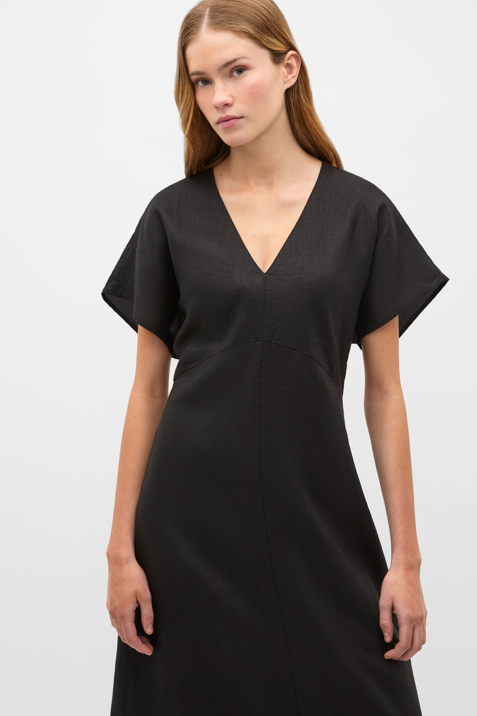 Linen V Neck Midi Dress  Black