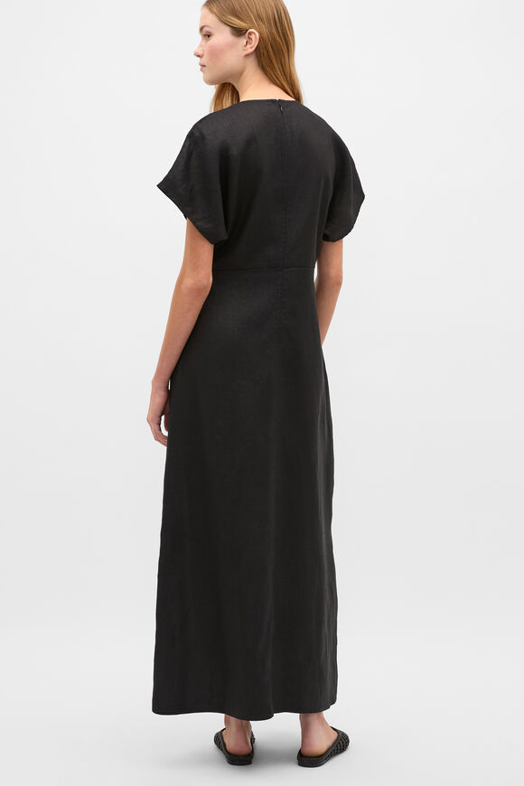 Linen V Neck Midi Dress  Black  hi-res