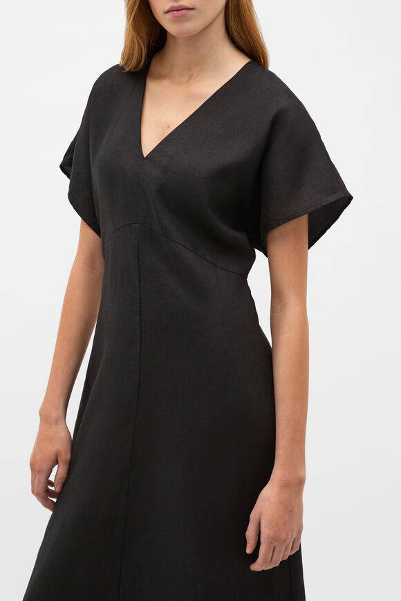 Linen V Neck Midi Dress  Black  hi-res
