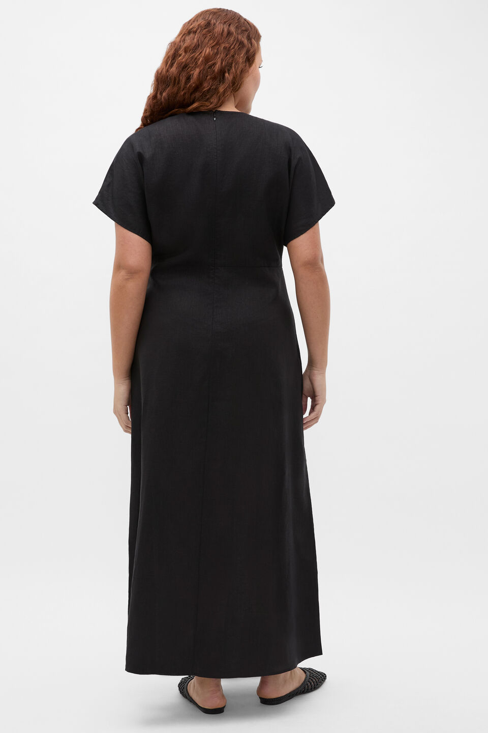 Linen V Neck Midi Dress  Black