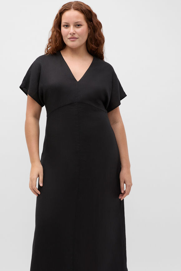 Linen V Neck Midi Dress  Black  hi-res
