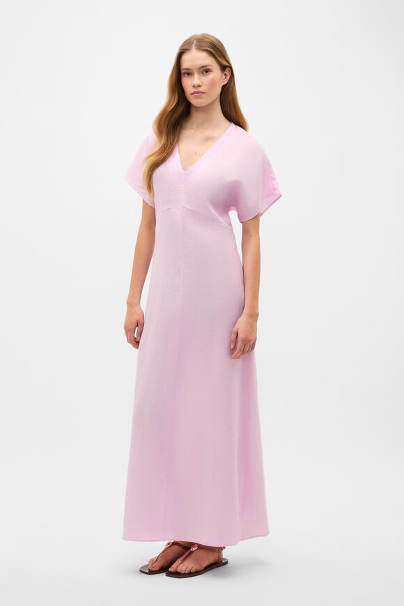 Linen V Neck Midi Dress  Petal Pink  hi-res