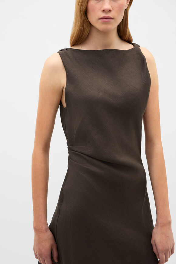 Linen Twist Shoulder Mini Dress  Dark Espresso  hi-res