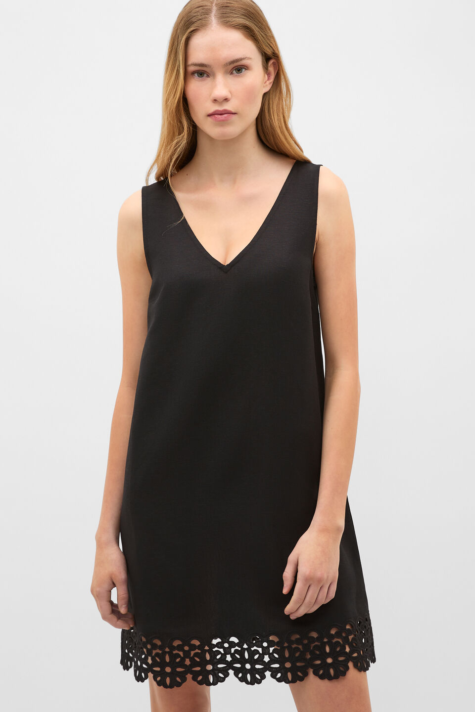 Linen Blend Cutwork Mini Dress  Black