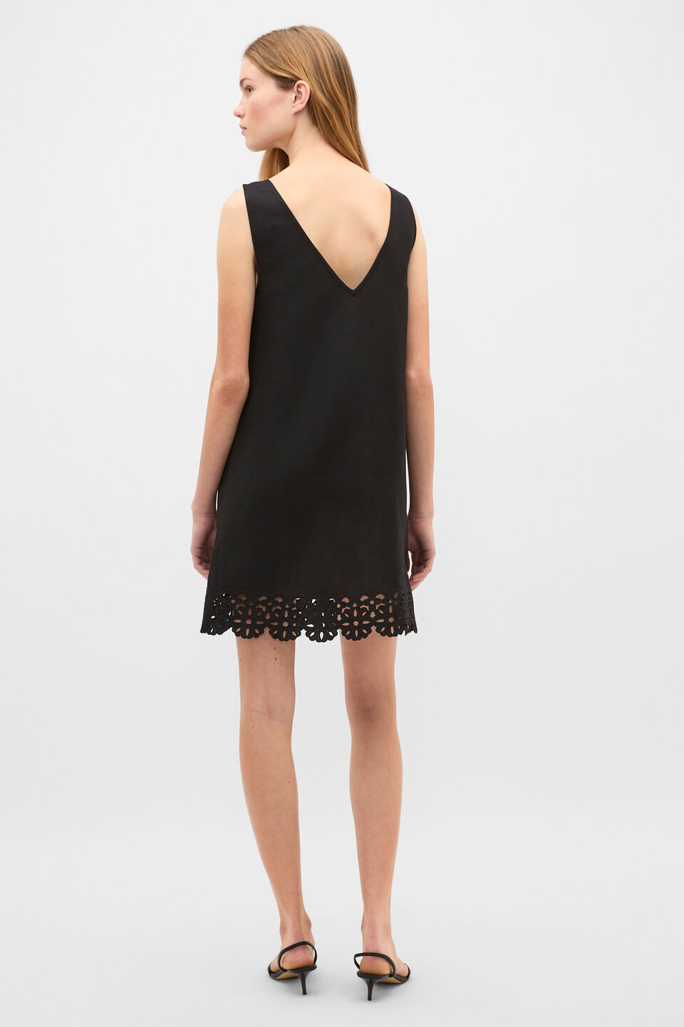 Linen Blend Cutwork Mini Dress  Black