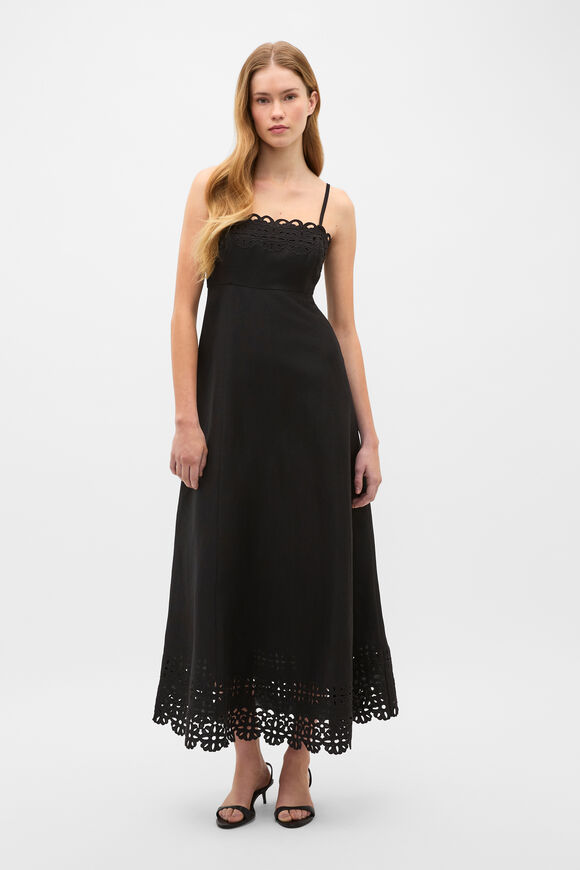 Linen Blend Cutwork Midi Dress  Black  hi-res