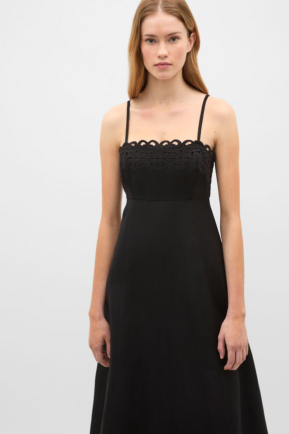 Linen Blend Cutwork Midi Dress  Black  hi-res