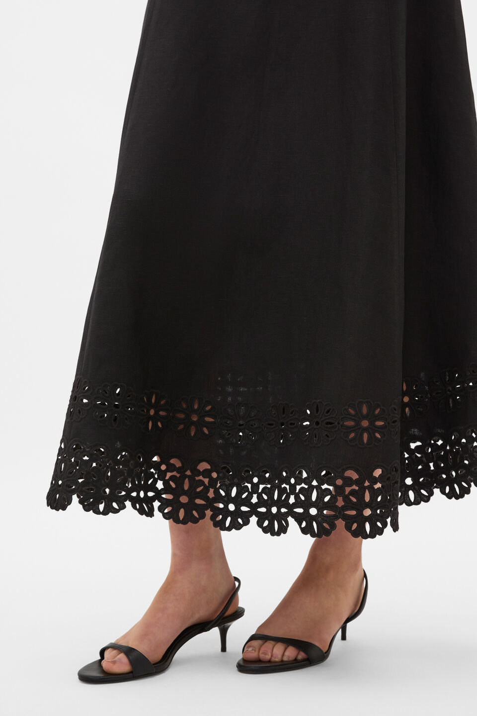Linen Blend Cutwork Midi Dress  Black