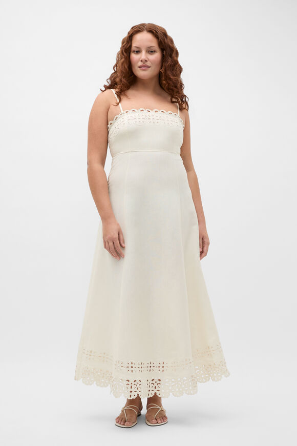 Linen Blend Cutwork Midi Dress  Coconut Cream  hi-res