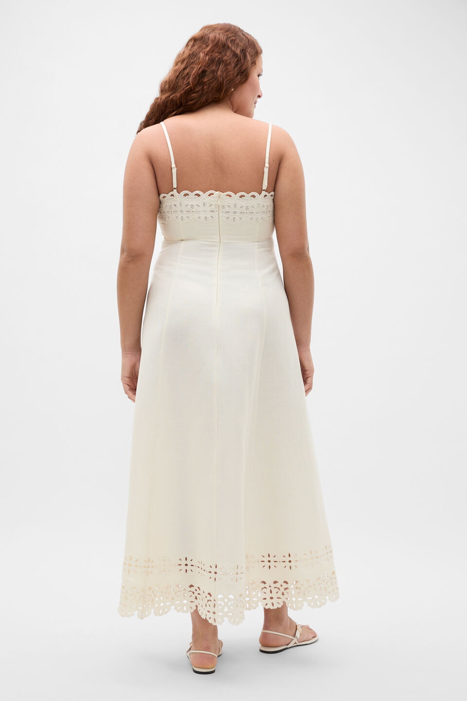 Linen Blend Cutwork Midi Dress  Coconut Cream