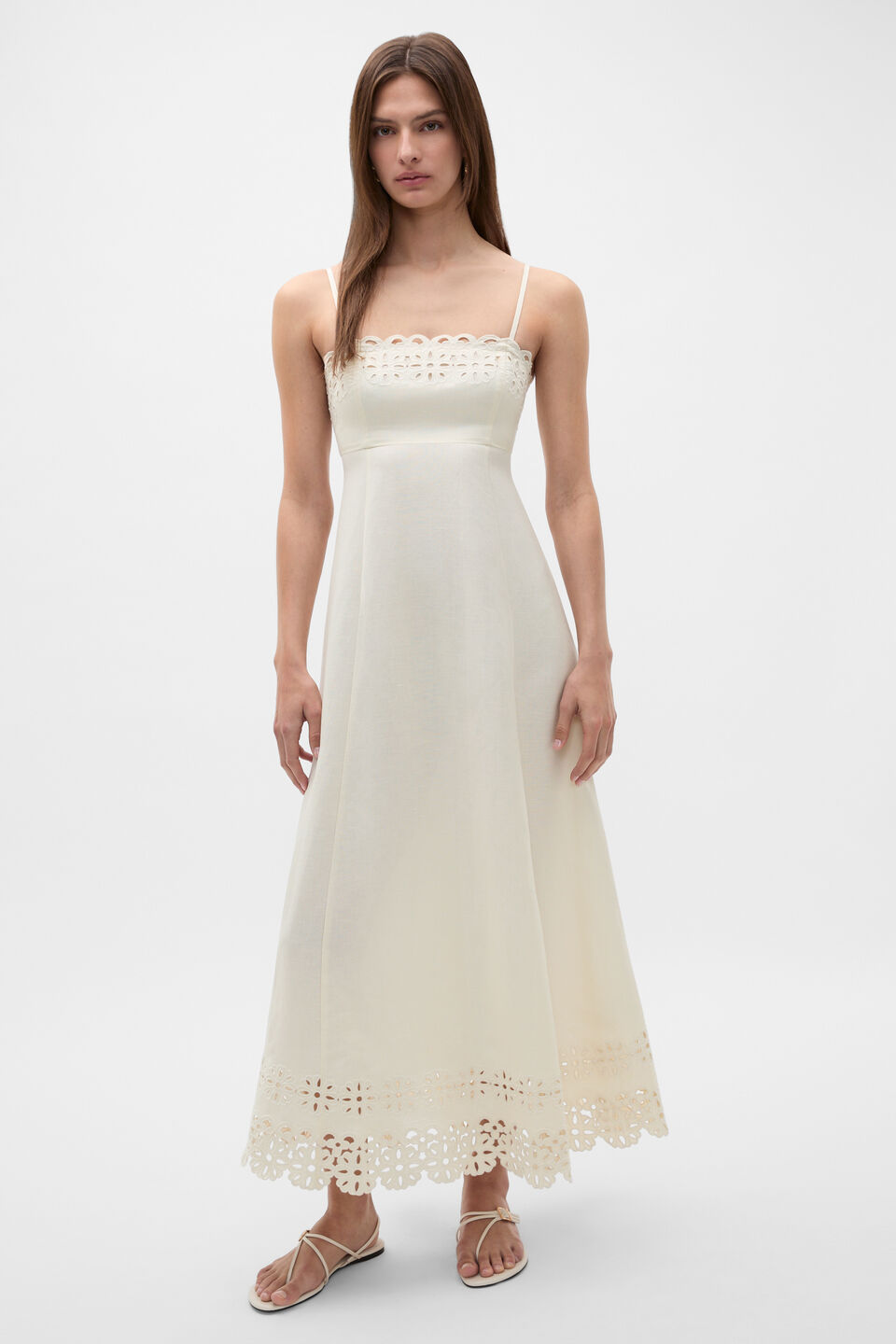 Linen Blend Cutwork Midi Dress  Coconut Cream