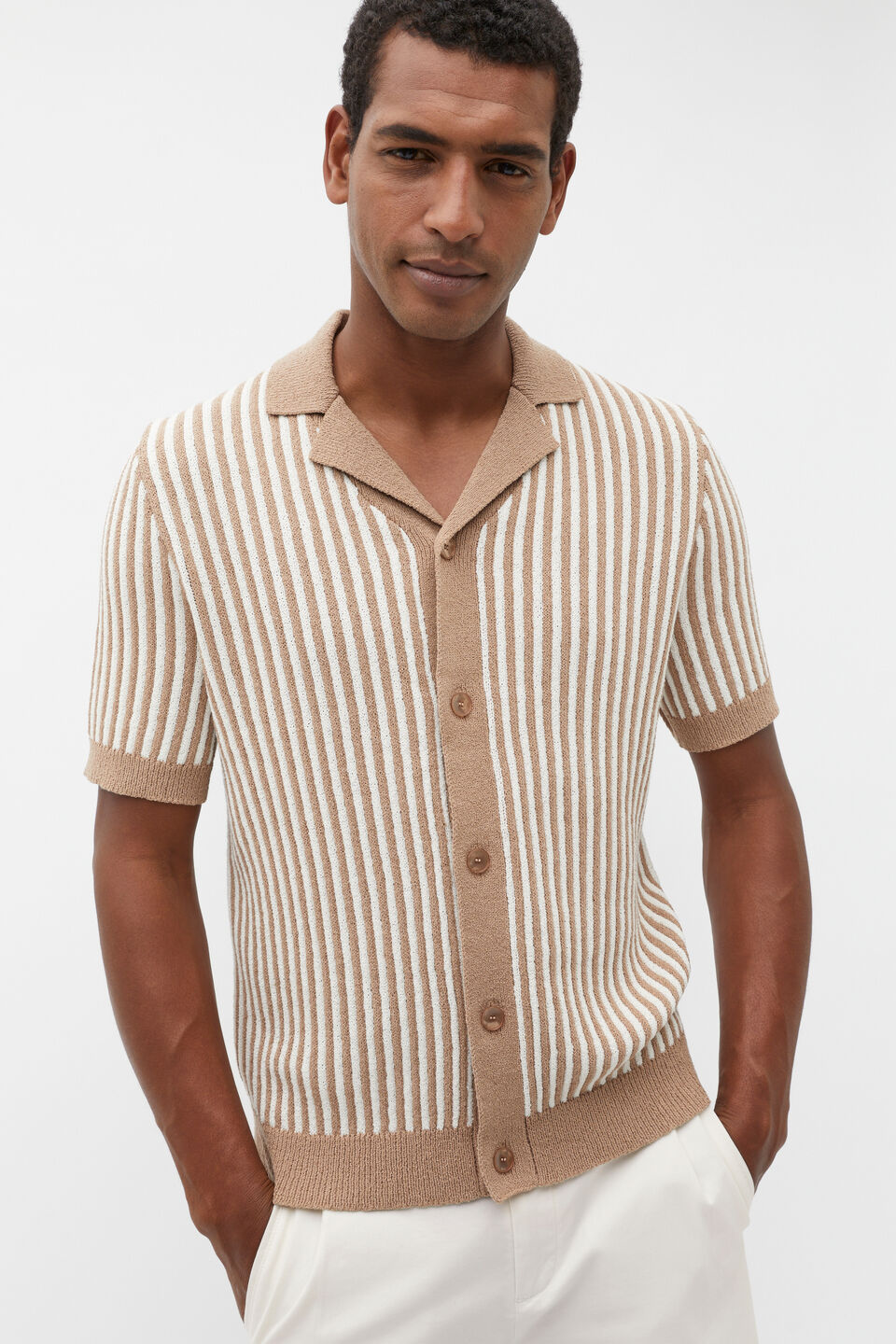Textured Button Down Knit  Hazelnut Stripe