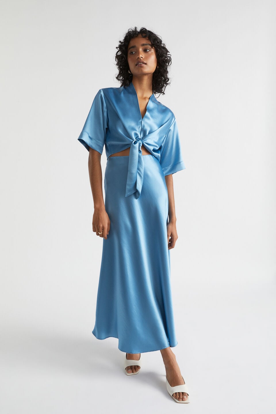 Satin Tie Front Top  Soft Cobalt