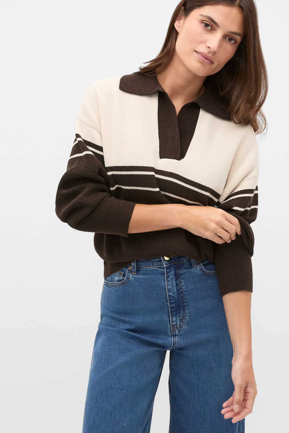 Collared Breton Stripe Knit  Coffee Bean