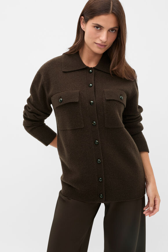 Brushed Wool Collared Cardigan  Coffee Bean  hi-res