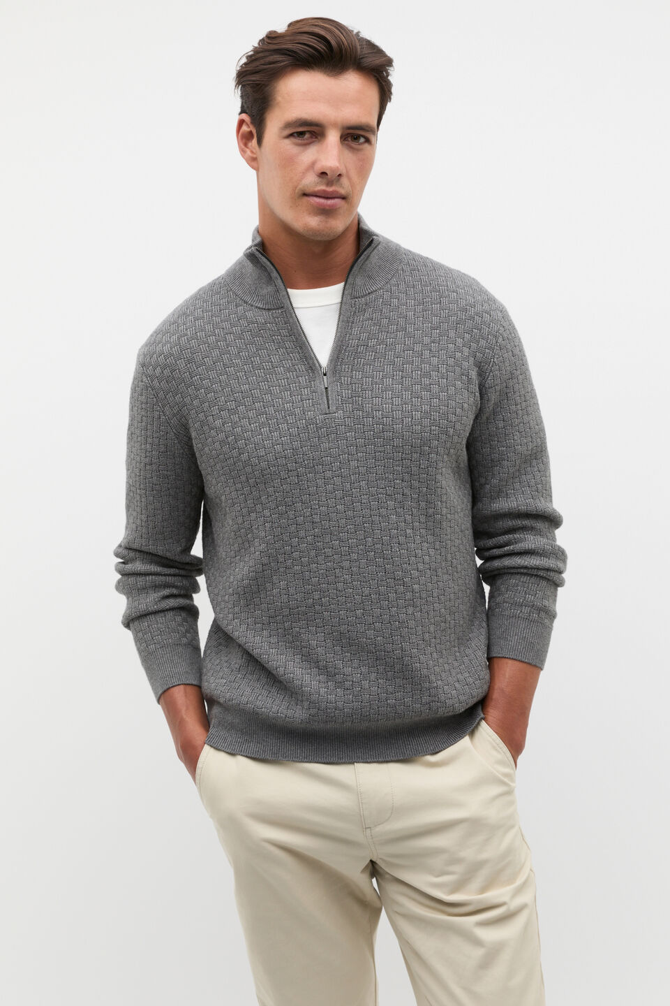 Textured Half Zip Knit  Vintage Grey Marle