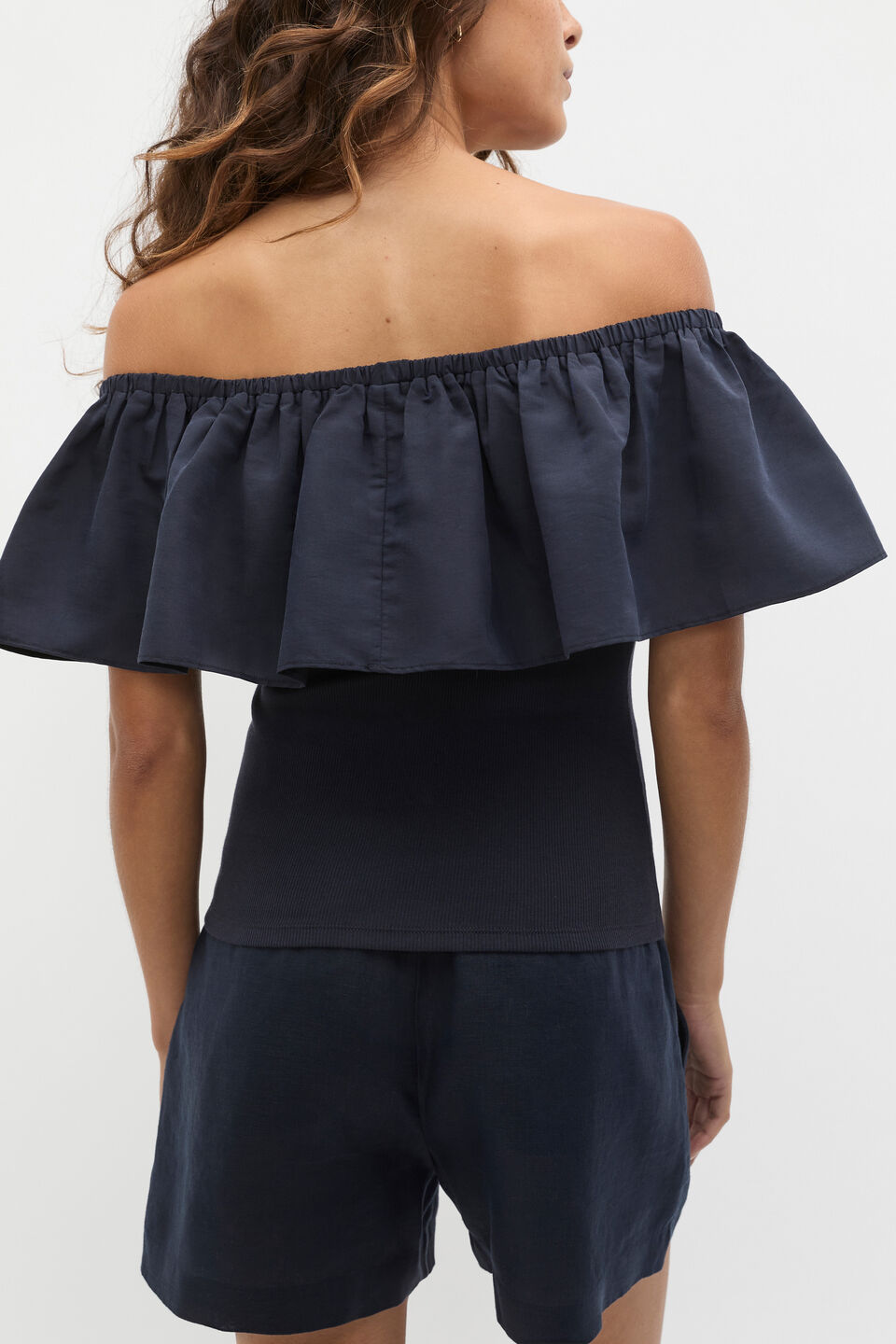Off Shoulder Ruffle Top  Twilight Blue