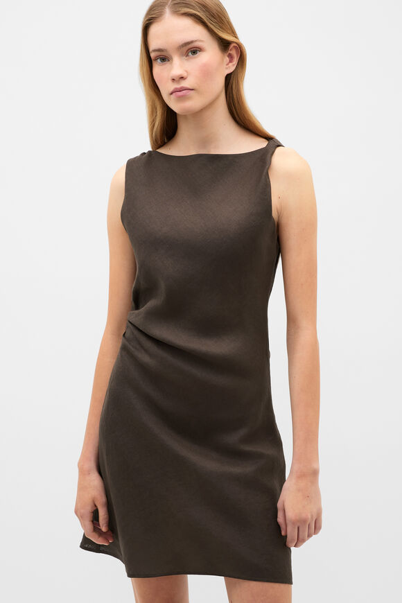 Linen Twist Shoulder Mini Dress  Dark Espresso  hi-res