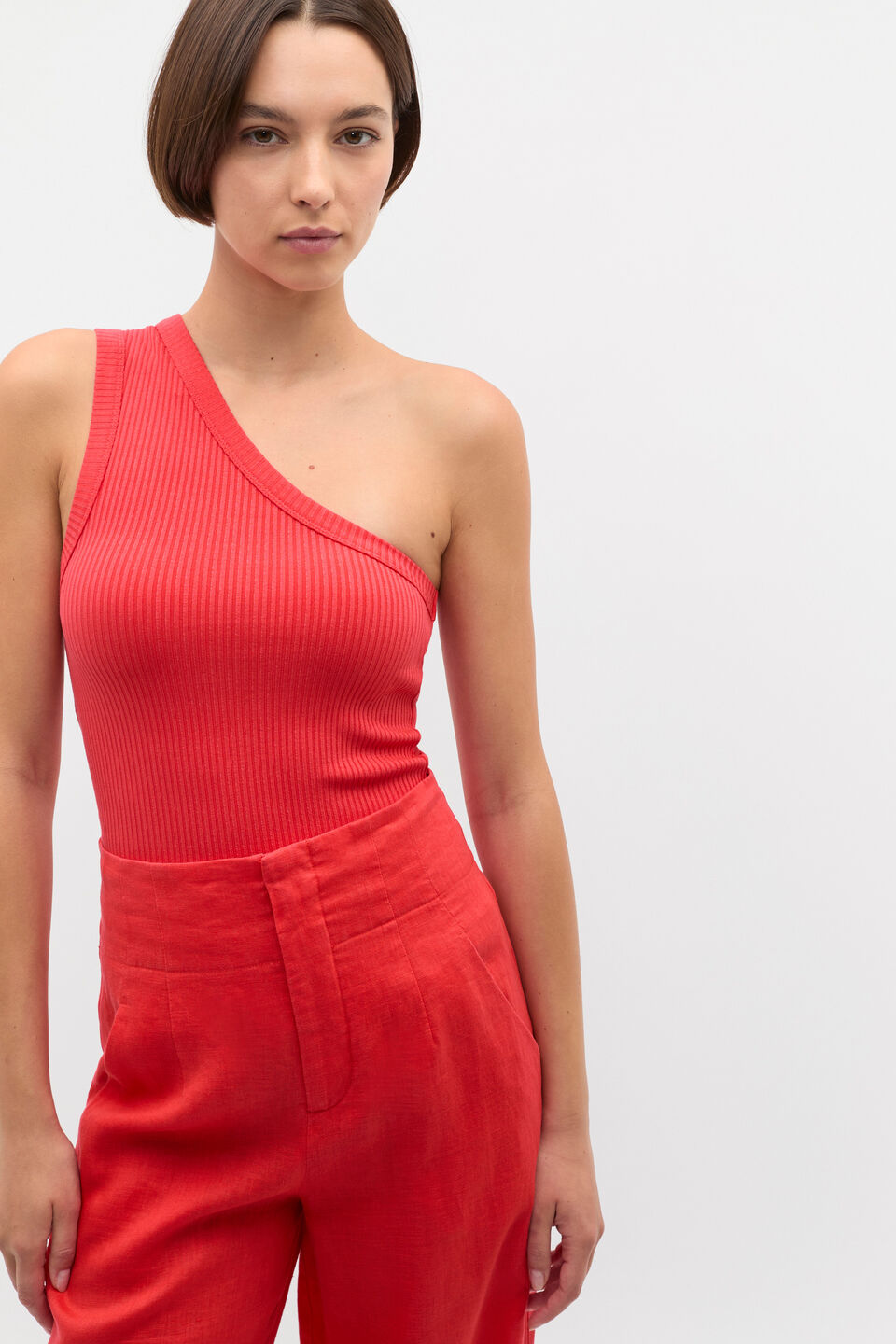 Rib One Shoulder Tank  Electric Crimson