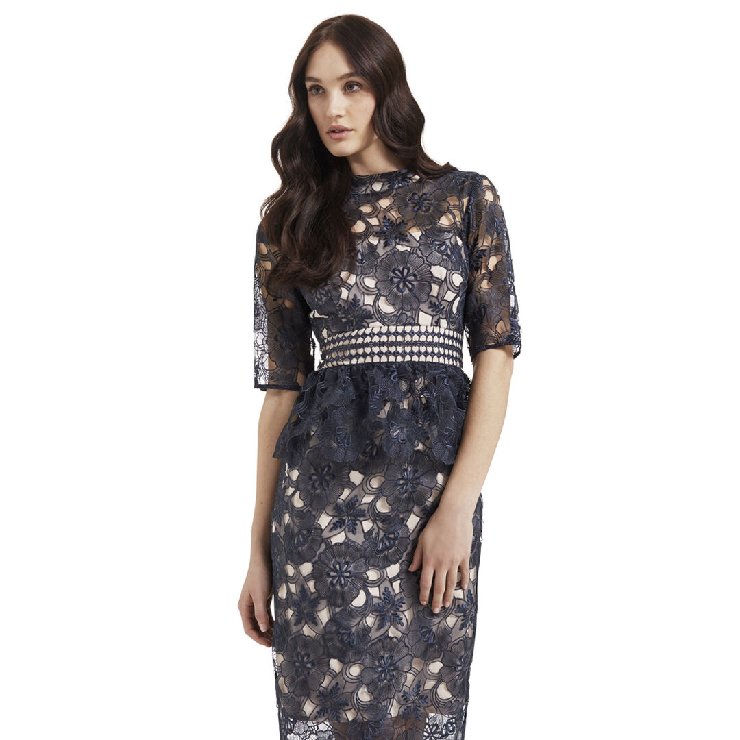 peplum gown with lace