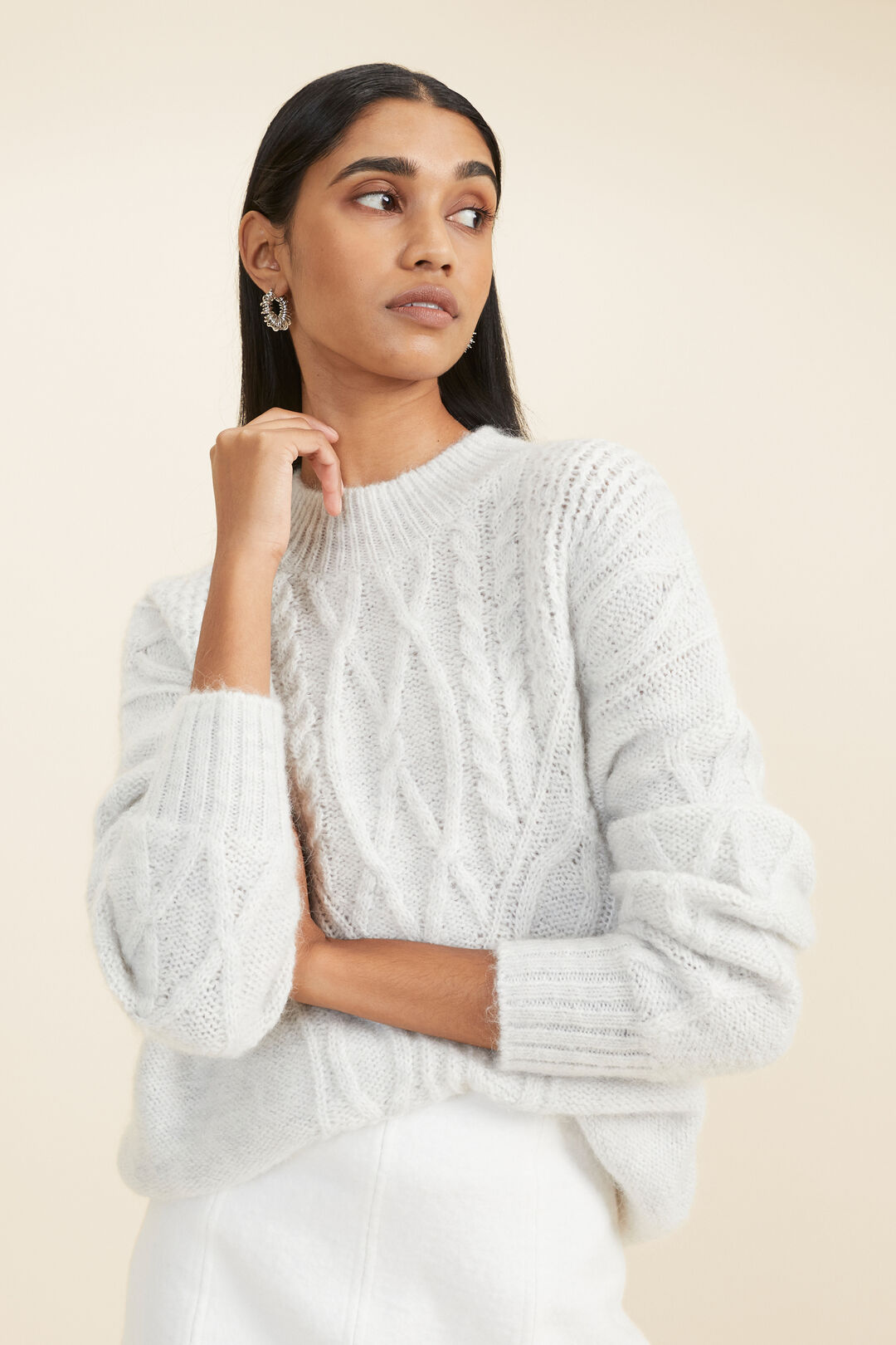 Cable Panelled Yoke Sweater  Light Grey Marle  hi-res