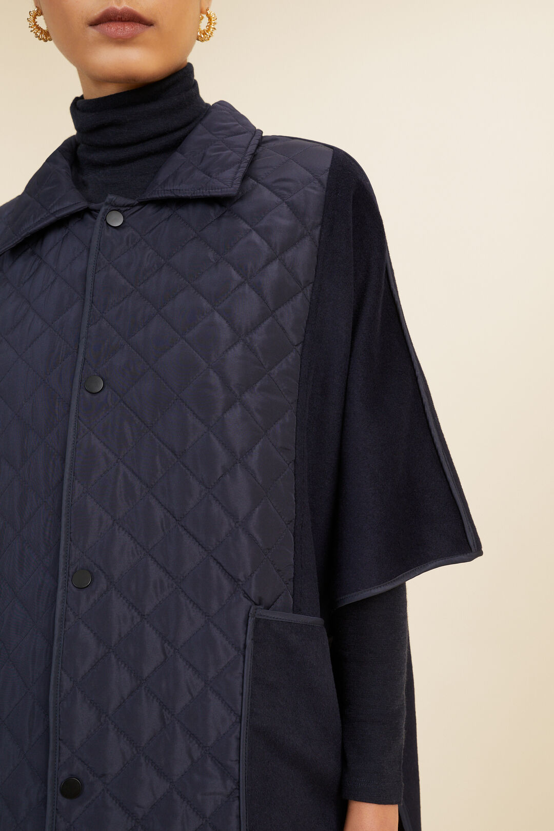 Quilted Wool Button Down Cape  Deep Navy  hi-res