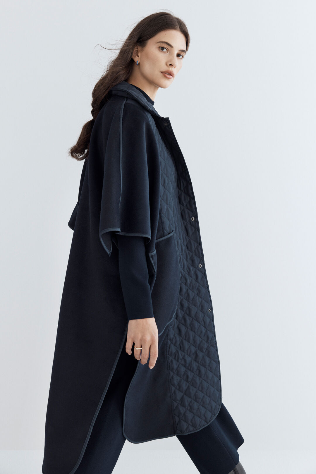 Quilted Wool Button Down Cape  Deep Navy  hi-res