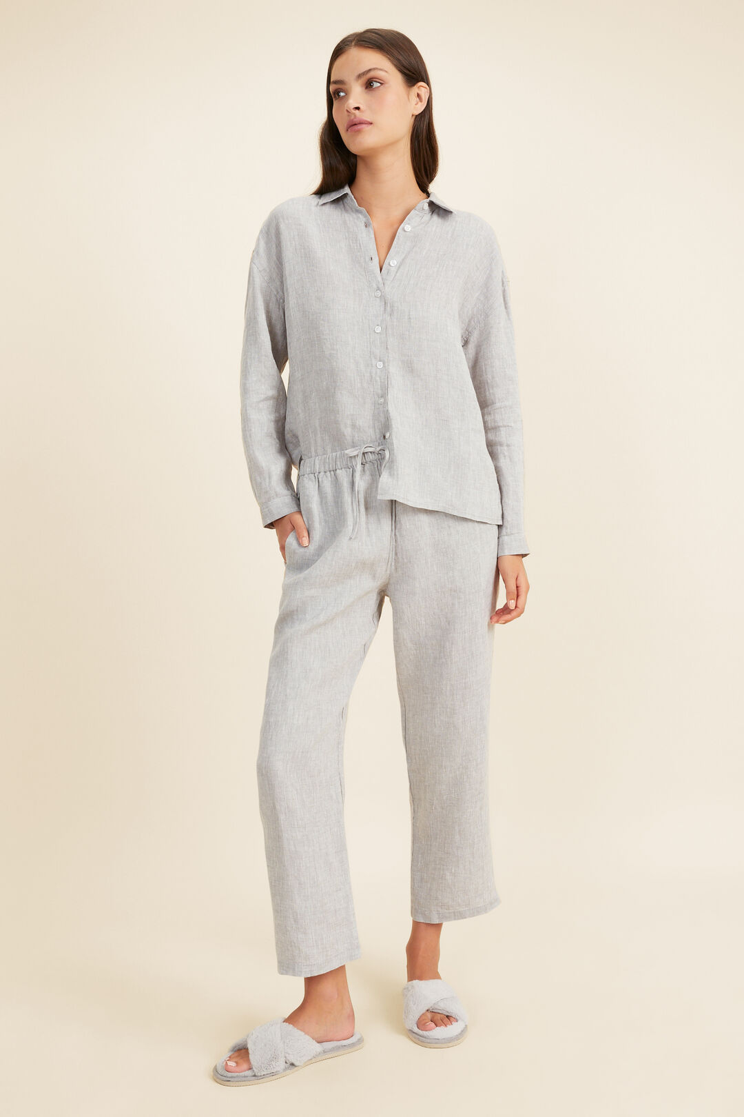 Linen Pyjama Shirt   Grey Cross Dye  hi-res