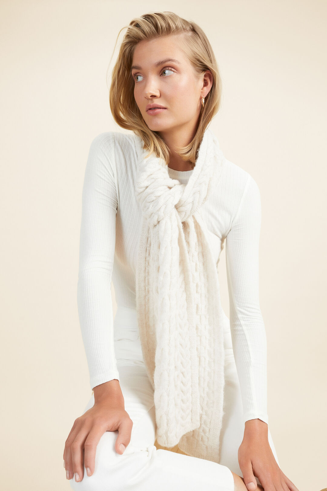 Cable Stitch Knitted Scarf  Oat Marle  hi-res