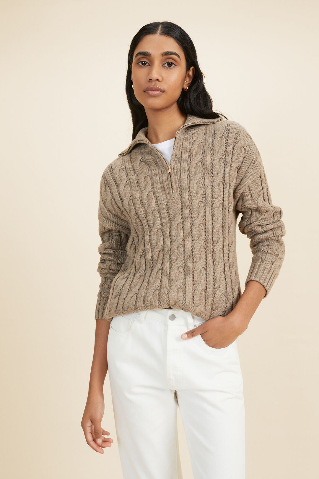 Cable Zip Through Sweater  Biscuit Marle  hi-res