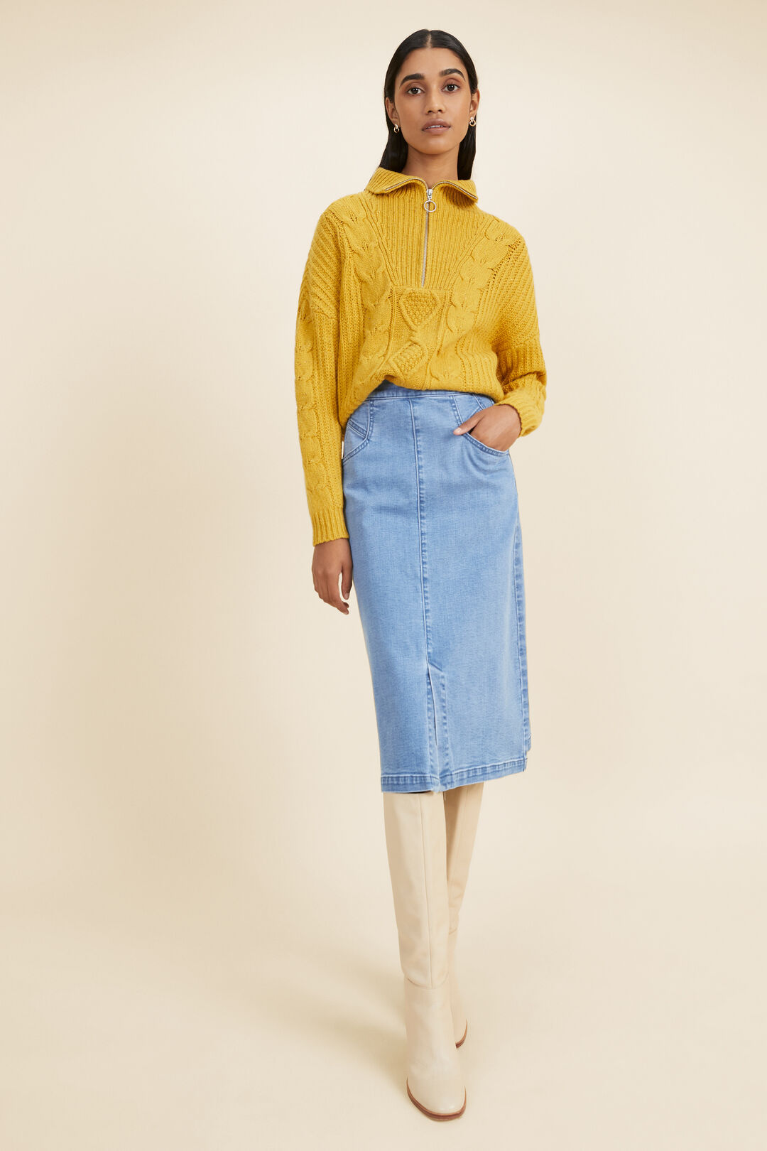 Funnel Neck Cable Sweater   Turmeric Fleck  hi-res