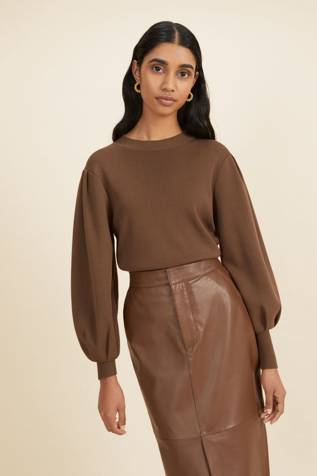 Crepe Knit Tuck Sleeve Sweater  Coconut Brown  hi-res