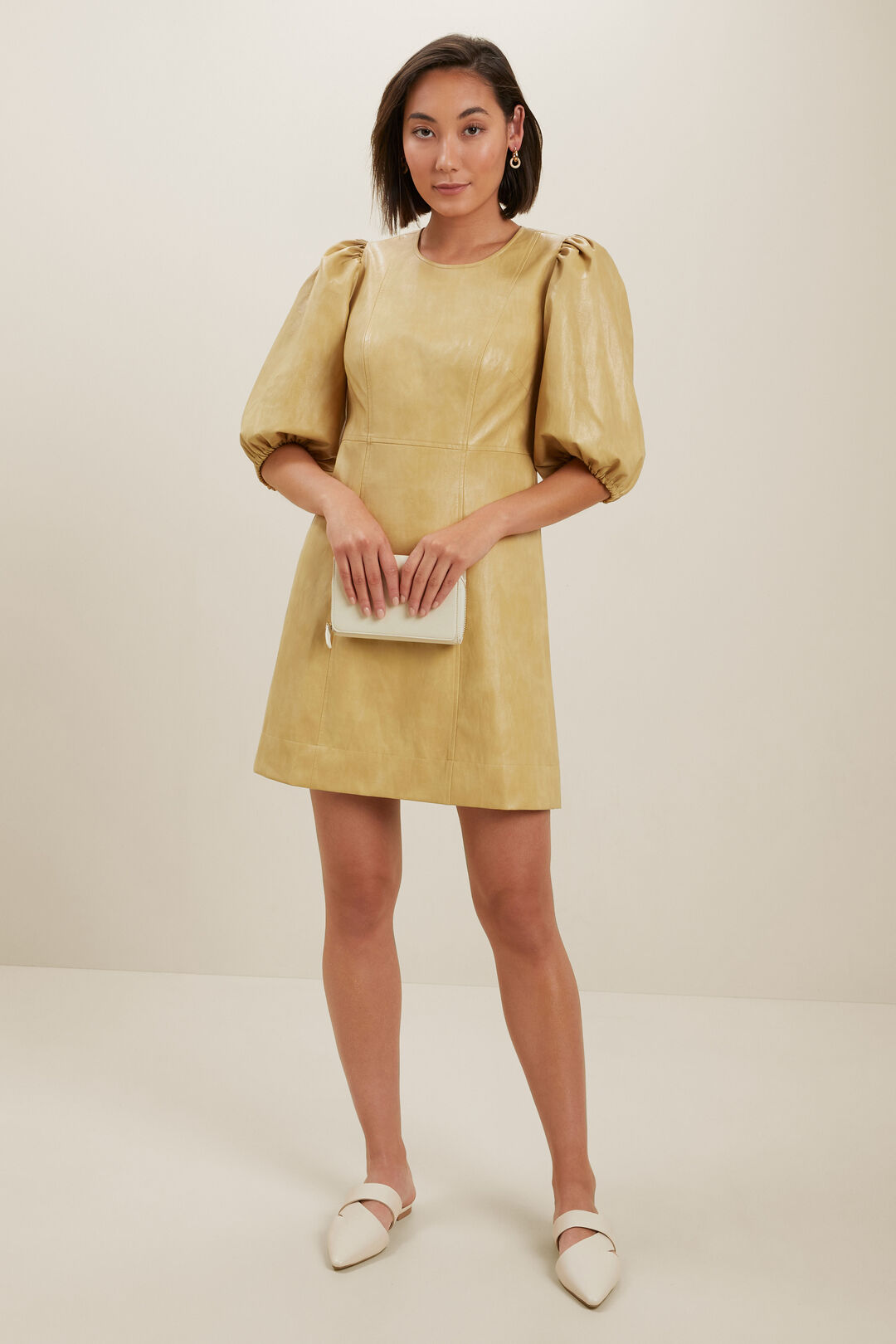 Vegan Leather Puff Sleeve Mini Dress  Fawn  hi-res