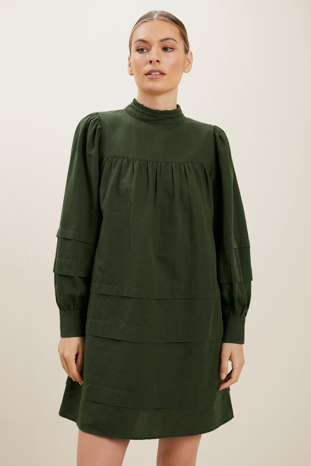 Linen Blend Mini Dress  Basil  hi-res