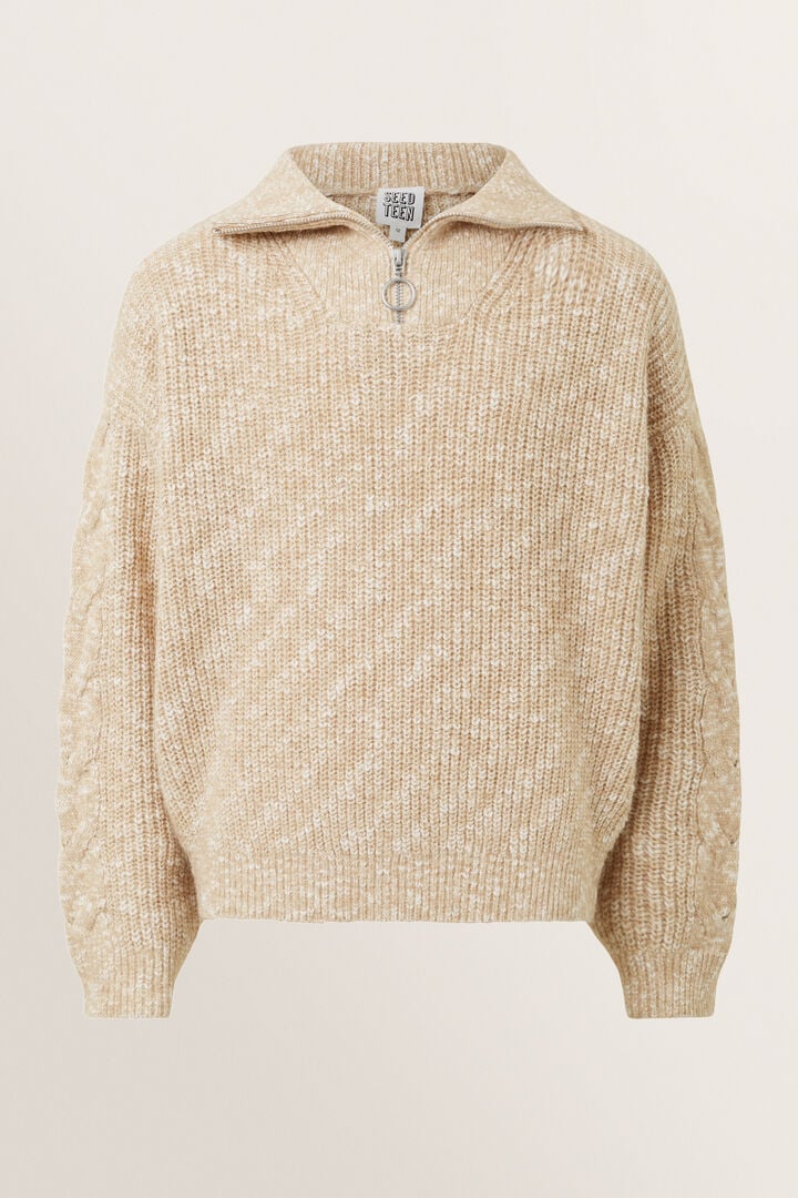 Cable Knit Zip Sweater  Cappuccino  hi-res