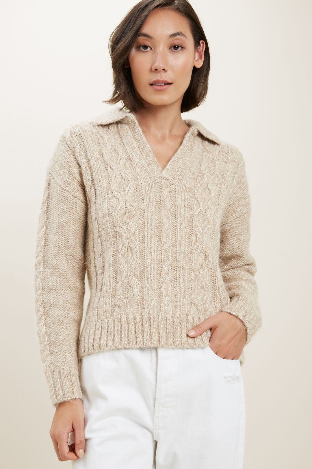 Cable Knit Polo Sweater  Champagne Beige Marle  hi-res