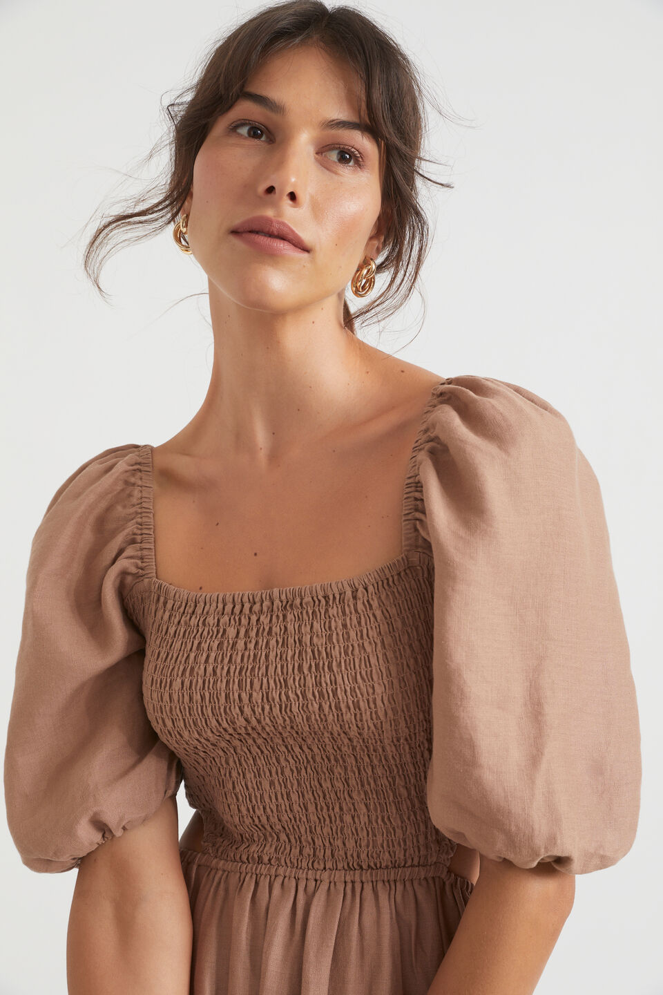 Linen Cut Out Shirred Midi Dress | Seed Heritage