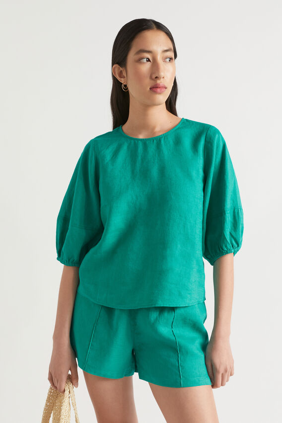 Core Linen Balloon Sleeve Top  Deep Teal  hi-res