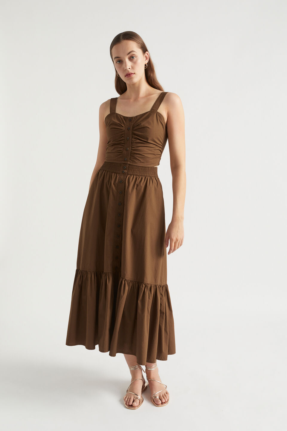 Poplin Button Front Midi Skirt  Pecan Brown