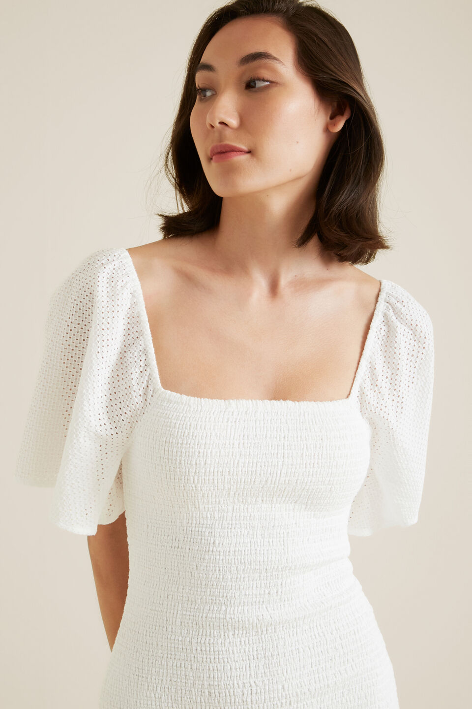 Shirred Broderie Dress  Whisper White